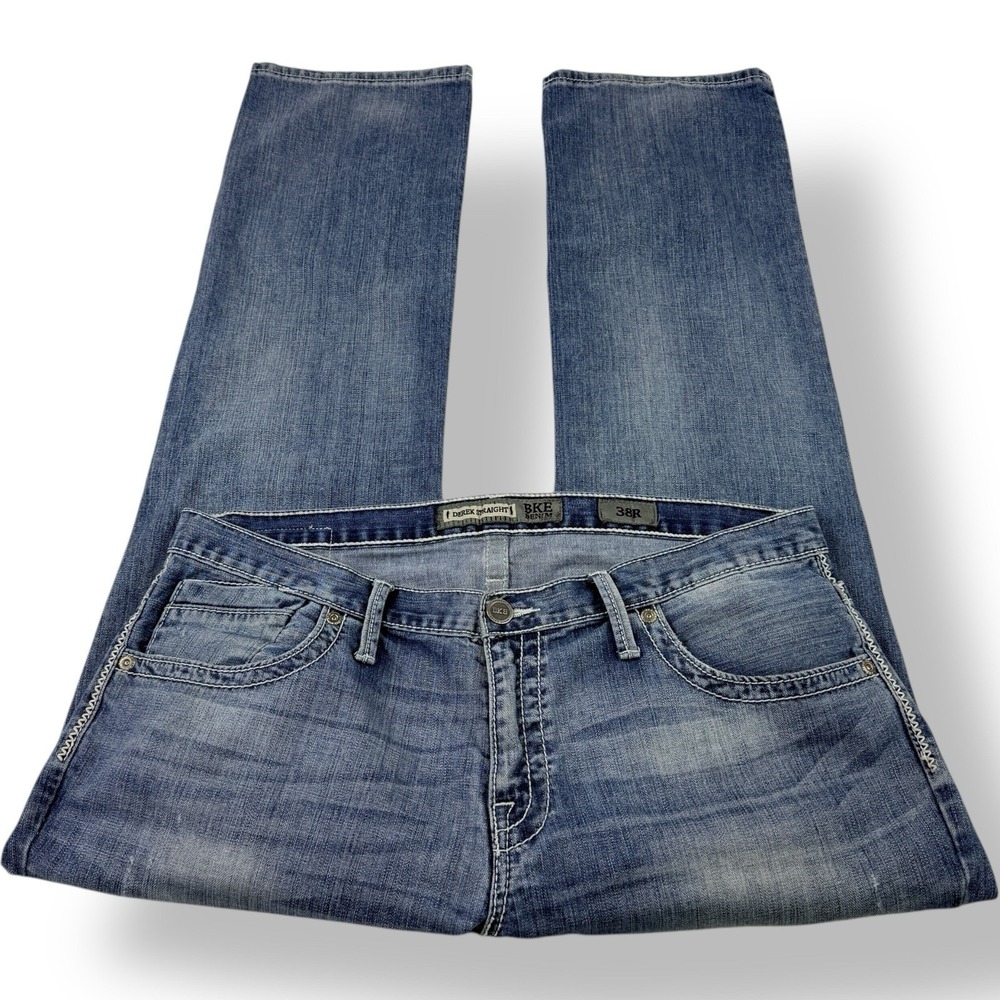 BKE Denim Buckle Light Blue Cotton Derek Straight Leg Thick Stitch Jeans‎ 38x32